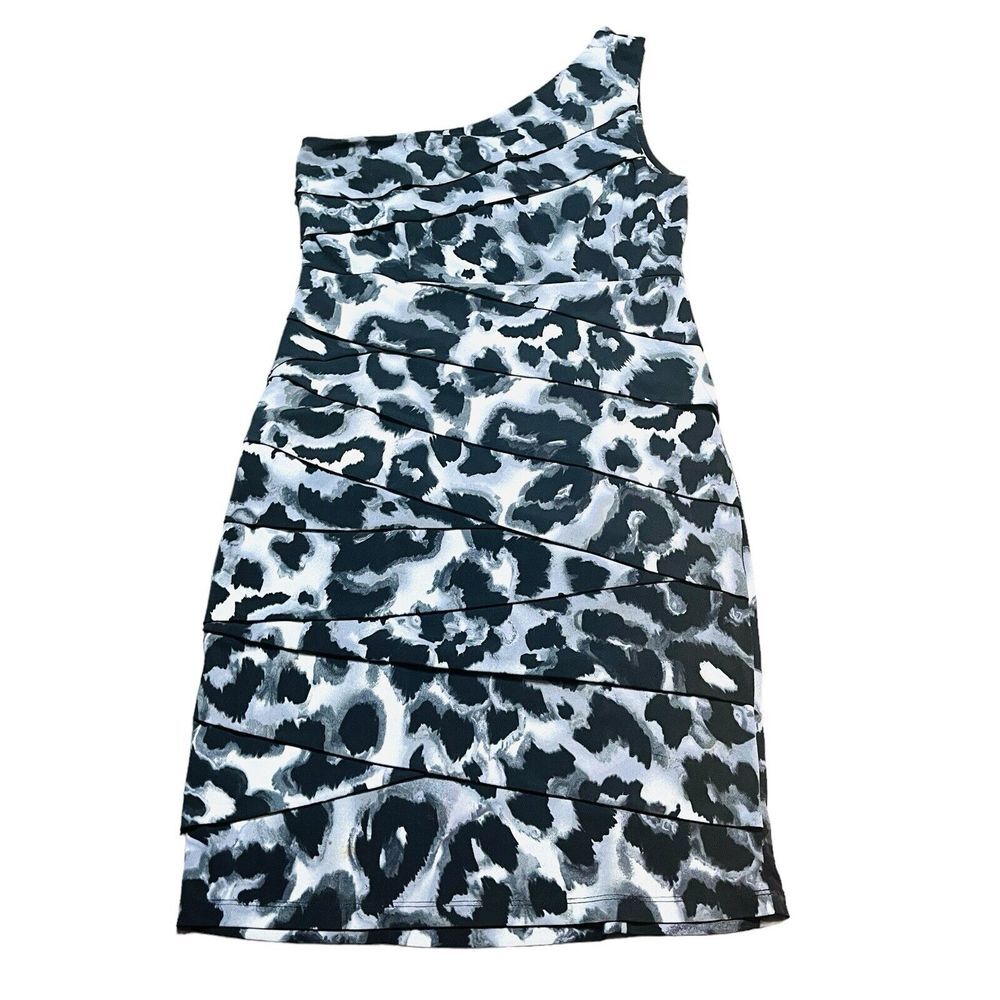 Enfocus Studio Womens One Shoulder Stretch Pleated Dress Sz 6 Gray Black